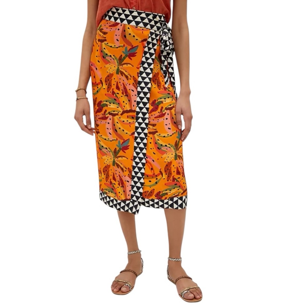Farm Rio Anthropologie Contrast Wrap Midi Skirt Orange XS New Boho tropical pool - Picture 2 of 9